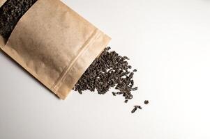 Leafy black tea is scattered from a craft bag with a clasp. Top view of a hanging tea isolated . photo