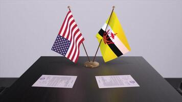 Brunei y Estados Unidos a negociando mesa. negocio y política 3d ilustración. nacional banderas, diplomacia trato. internacional acuerdo foto