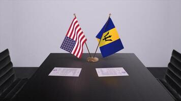 Barbados and USA at negotiating table. Business and politics 3D illustration. National flags, diplomacy deal. International agreement photo