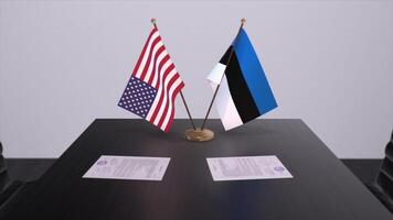 Estonia y Estados Unidos a negociando mesa. negocio y política 3d ilustración. nacional banderas, diplomacia trato. internacional acuerdo foto