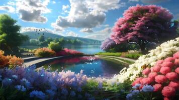 a beautiful landscape with flowers and trees video