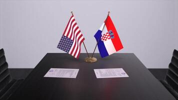 Croatia and USA at negotiating table. Business and politics 3D illustration. National flags, diplomacy deal. International agreement photo