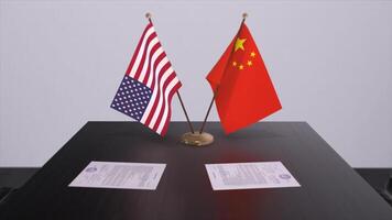 China and USA at negotiating table. Business and politics 3D illustration. National flags, diplomacy deal. International agreement photo