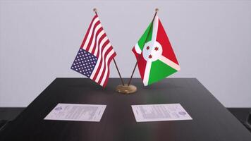 Burundi y Estados Unidos a negociando mesa. negocio y política 3d ilustración. nacional banderas, diplomacia trato. internacional acuerdo foto