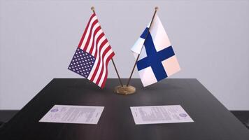 Finland and USA at negotiating table. Business and politics 3D illustration. National flags, diplomacy deal. International agreement photo