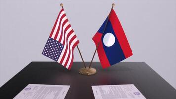 Laos and USA at negotiating table. Business and politics 3D illustration. National flags, diplomacy deal. International agreement photo