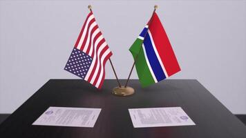 Gambia and USA at negotiating table. Business and politics 3D illustration. National flags, diplomacy deal. International agreement photo