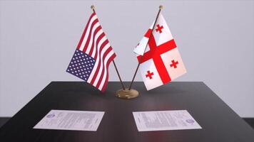 Georgia y Estados Unidos a negociando mesa. negocio y política 3d ilustración. nacional banderas, diplomacia trato. internacional acuerdo foto