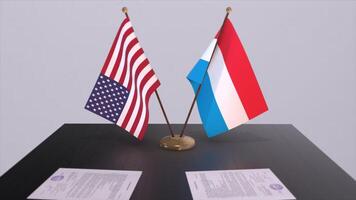 Luxemburgo y Estados Unidos a negociando mesa. negocio y política 3d ilustración. nacional banderas, diplomacia trato. internacional acuerdo foto