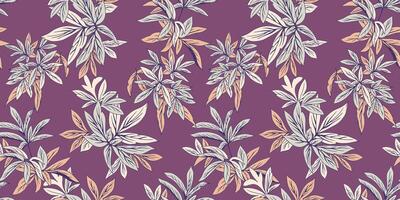 resumen artístico selva sin costura modelo con hoja tallos en un púrpura antecedentes. vistoso creativo botánico floral hojas impresión. mano dibujado vector