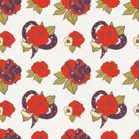Snake in flowers in old school tattoo style. Seamless pattern. vector