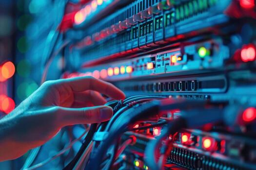 Server room with blue and red lights photo