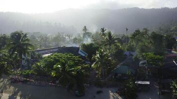 Sunrise over the village in the tropics, haze over palm trees video