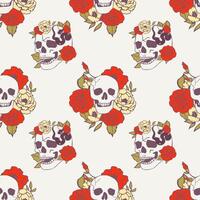 Seamless pattern in old tattoo style. Endless ornament with skulls, snake, flowers. vector