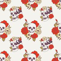 Seamless pattern in old tattoo style. Endless ornament with skulls, snake, flowers. vector