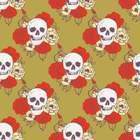 Seamless pattern with skull and flowers on a green background. Stylized endless ornament. vector