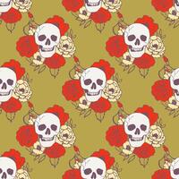 Seamless pattern with skull and flowers on a green background. Stylized endless ornament. vector