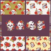 Stylized various skulls with flowers and snakes.Set of seamless patterns and isolated objects. vector