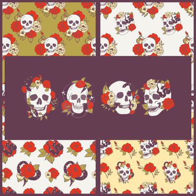 Stylized various skulls with flowers and snakes.Set of seamless patterns and isolated objects.