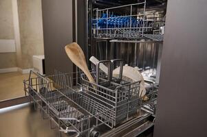 Open empty dishwasher in kitchen. Modern kitchen appliance. Housekeeping equipment, Household chores. Close-up photo