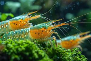 Vibrant Aquatic Life A Colorful Shrimp Stands Out Against a Lush Green Backdrop photo