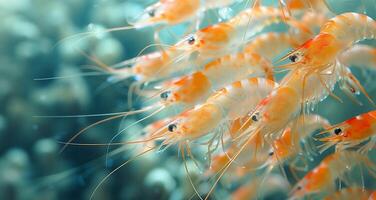 Marvel at the Aquatic Ballet An Orange Shrimp Amidst Floating Green photo