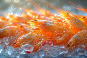 From Ocean to Table Fresh Shrimps Adorned with Delicate Herbs on Wet Surface photo