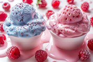 Fresh strawberries raspberry peak through a scoop of luxurious ice cream, cafe menu photo