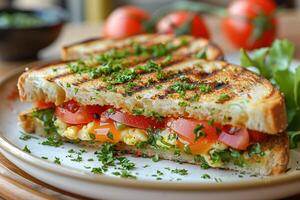 Savor the Crispness of a Perfectly Grilled Egg Sandwich with Garden-Fresh Herbs photo