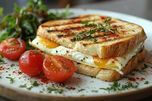 Gourmet Panini with a Golden Egg Topping, Culinary Morning Treat, Fast Food photo