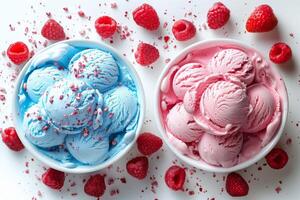 Pink hues and creamy textures, strawberry and raspberry ice cream whispers of summer's joy photo