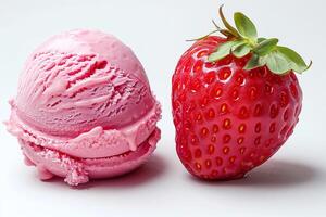 A scoop of strawberry ice cream, a berry lover's dream in the summer heat on white background photo