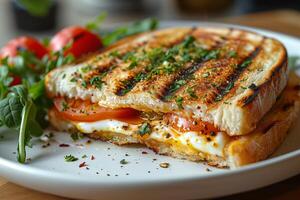 despertar arriba a el aroma de tostado un pan y Fresco hierbas en esta huevo panini foto