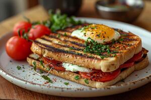 artesanal tostado un pan con huevo, tomate, y perejil, un desayuno tardío clásico foto