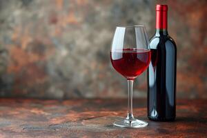 A Glass of Ruby Red Wine, Reflecting Moments of Pleasure Beside Its Elegant Bottle photo
