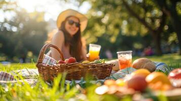 Picnic with two glasses of Orange juice on green grass in summer sunny day in park. Spring outdoors with women photo