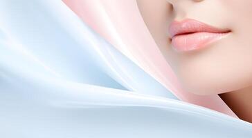 Fragment of a woman's face accented with soft pink lips on a light background photo