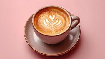 Cup and saucer with cappuccino drink on pink background. photo