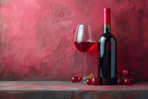 íntimo momentos esperar con un vaso de vino, botella, y uvas en un texturizado fondo foto
