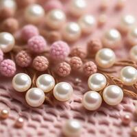 Pearl beads on pink crochet background for wedding, decoration, craft, wallpaper, birthday, anniversary, jewelry shop, gift for her, mother, grandma, Christmas gift, beauty, jewelry shop photo