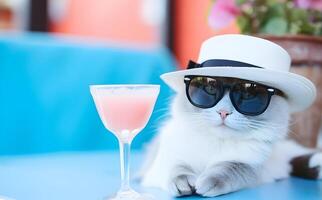 un gato en un blanco sombrero y oscuro Gafas de sol con un vaso de rosado bebida mira a el cámara en contra un azul borroso antecedentes foto