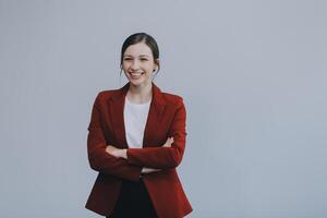 Happy young businesswoman on white background photo