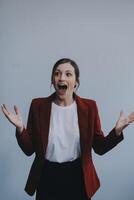 Happy young businesswoman on white background photo