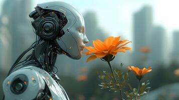 A robot sniffing a flower. The image of a robot sniffing a flower encapsulates the concept that, in the future, robots may possess the capability to sense and distinguish odors akin to humans. photo