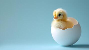 Cute little yellow chicken in an eggshell on a blue background. photo