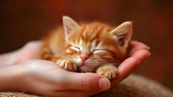 A cute little kitten sleeps on a human's palm. photo