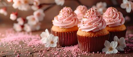 Cute cupcakes decorated with sprinkles photo