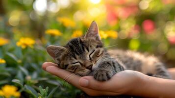 A cute little kitten sleeps on a human's palm. photo