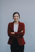 Happy young businesswoman on white background photo