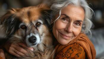 un mayor mujer con gris pelo abrazos su perro. foto